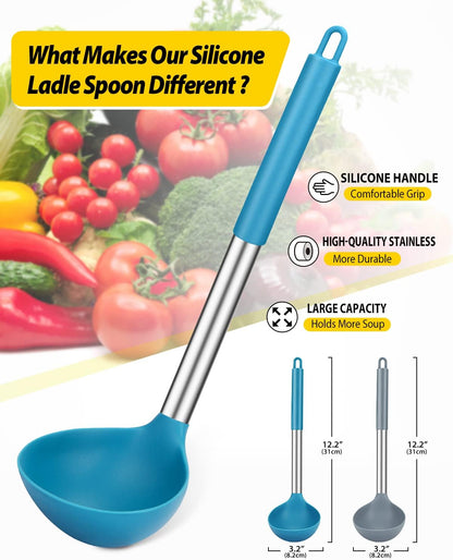 BUNDLEPRO Silicone Soup Ladle Spoon Kitchen Utensils, 2 Pack, Grey-Blue