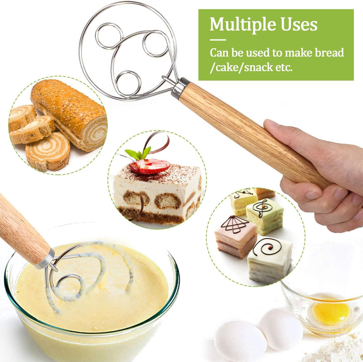 3PCS Stainless Steel Danish Dough Mixing, Kalolary Whisk Mix Tool (3 Sizes)