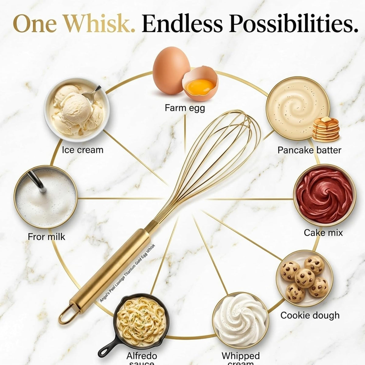 Angel's Peel Lounge Stainless Steel Egg Whisk with Titanium Gold Plating - Ecofriendly Manual Egg Beater, Milk Frother, wire whisk, Hand Blender, Cake Tool and kitchen Gadget – Gold