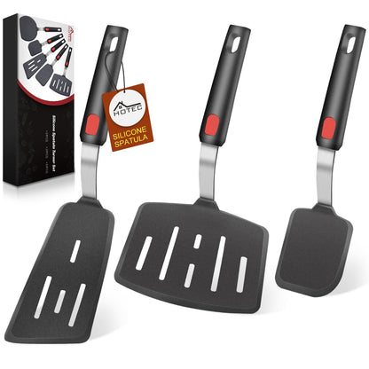 HOTEC Silicone Spatula Turner Set of 3, Heat Resistant 600°F & BPA-Free Flexible Rubber Spatulas for Nonstick Cookware, Kitchen Utensils for Flipping Eggs, Fish, Burgers, Pancakes, Cookie, Crepes