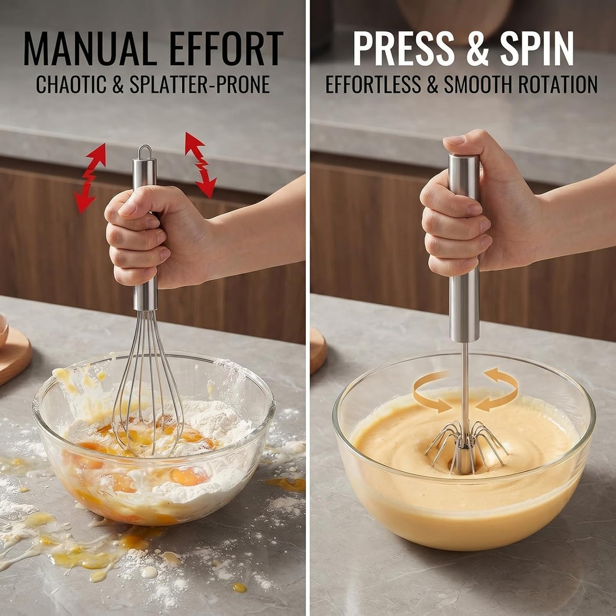 Sakerplus Stainless Steel Push Action Rotary Whisk Manual Egg Beater(10")