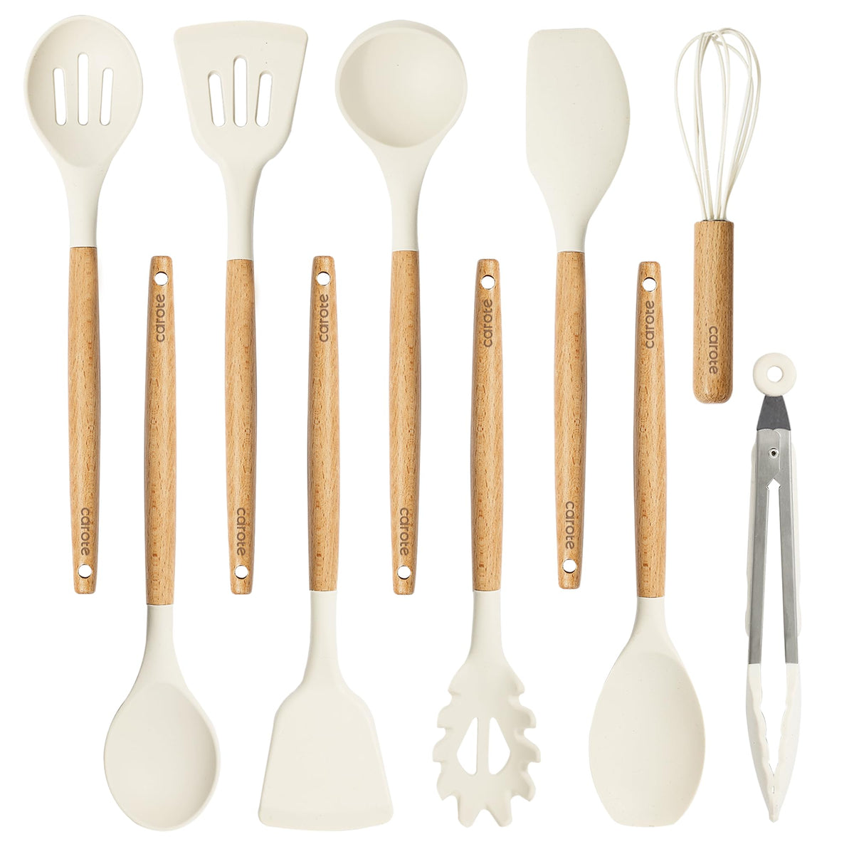 CAROTE 22-Piece Cooking Utensils Set with Wood Cool-Touch Handles, Cream