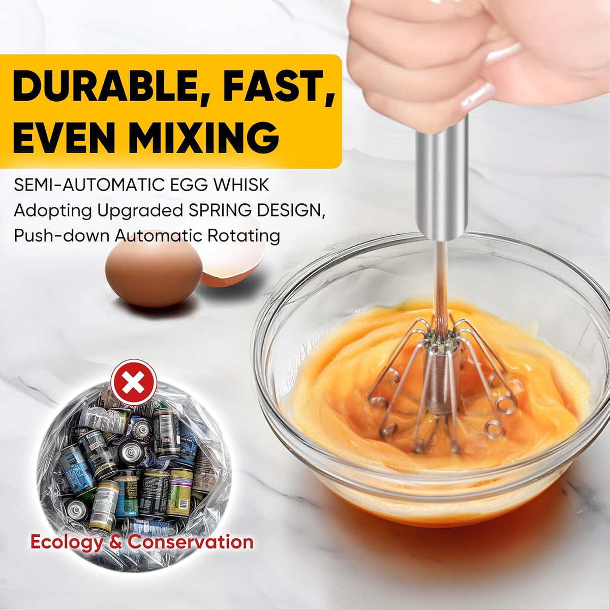 OOKUU Stainless Steel Egg Whisk, Semi Automatic Whisk Blender - Versatile Tool for Blending, Whisking, Beating & Stirring (12in)
