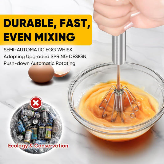 OOKUU Stainless Steel Egg Whisk, Semi Automatic Whisk Blender - Versatile Tool for Blending, Whisking, Beating & Stirring (12in)