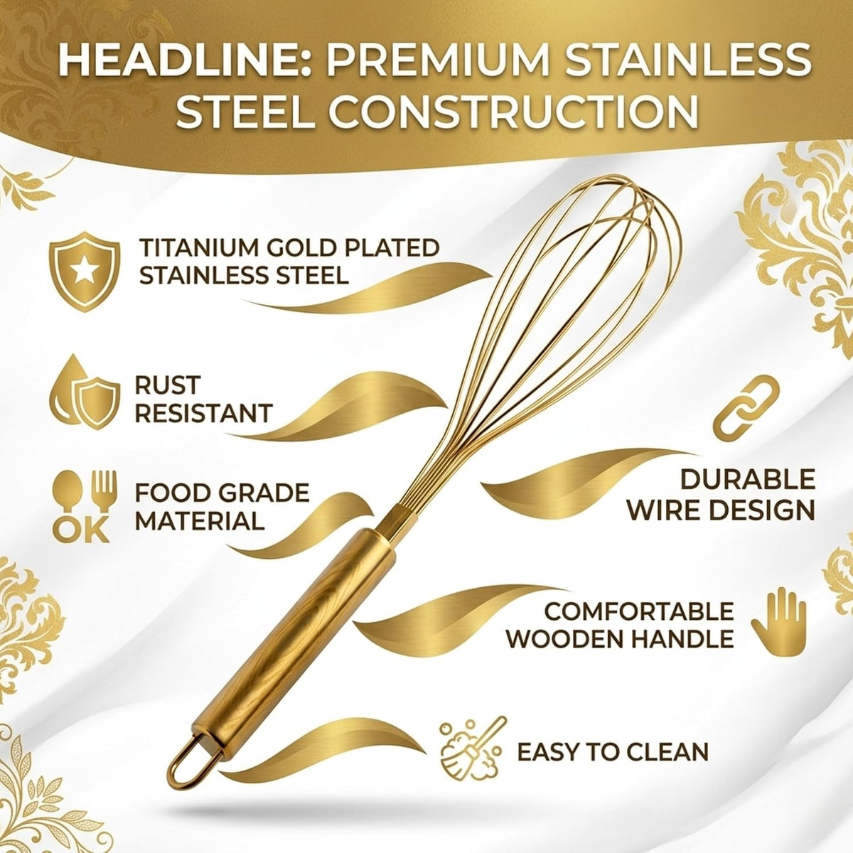 Angel's Peel Lounge Stainless Steel Egg Whisk with Titanium Gold Plating - Ecofriendly Manual Egg Beater, Milk Frother, wire whisk, Hand Blender, Cake Tool and kitchen Gadget – Gold