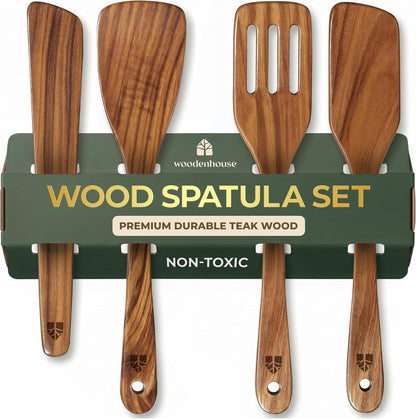 Wooden Spatula for Cooking, Teak Wood Set of 4 for Non Stick Frying Pan