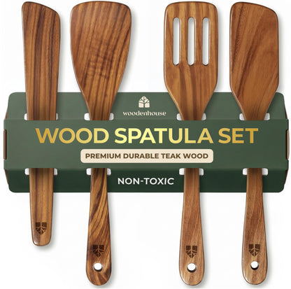 Wooden Spatula for Cooking, Teak Wood Set of 4 for Non Stick Frying Pan