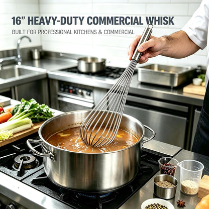 Large Commercial whisk, Heavy Duty 16in Wire Whisk, 304 Stainless Steel 2.5mm Thick Manual Egg Whisk, Durable Kitchen Mixer Mixing Batter, Beating Egg and Blending Sauces.