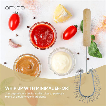 Stainless Steel Spiral Wire Whisk - Heavy Duty Coil Sauce & Gravy Whipper - Wooden Handheld Egg Whisks