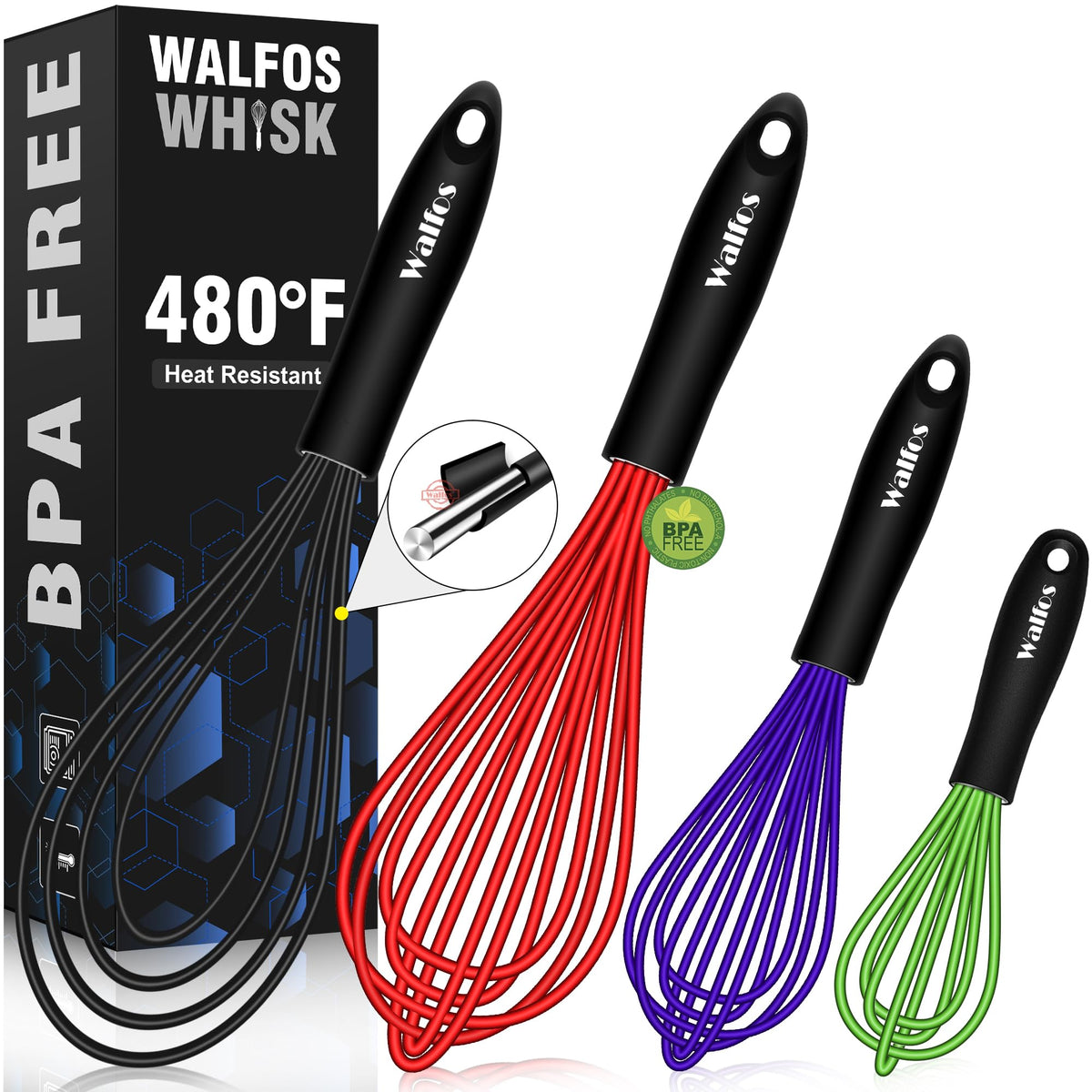 Walfos Mini Whisk,Non-Rust Whisk,304 Stainless steel Small Whisks.Heat Resistant 450℉.6+8Inch Tiny whisks Nice for Whisking, Blending Ingredients, Beating, Mixing Sauces (Silver)