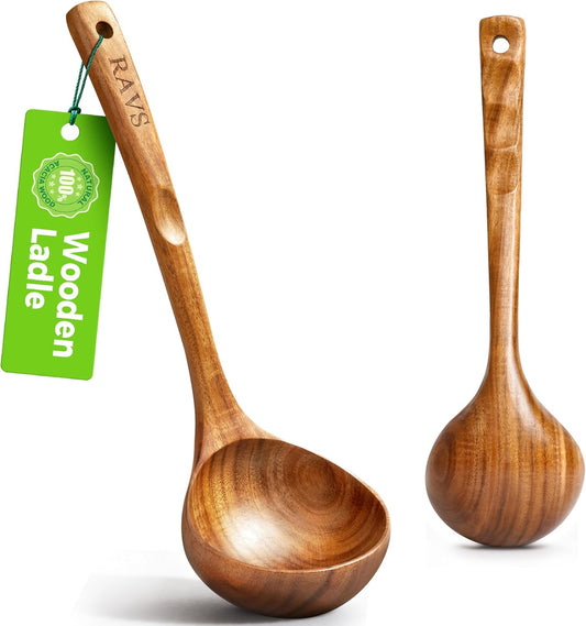 RAVS Wooden Ladle for Soup, 100% Natural Acacia Wood, 12.4″ Long Handle