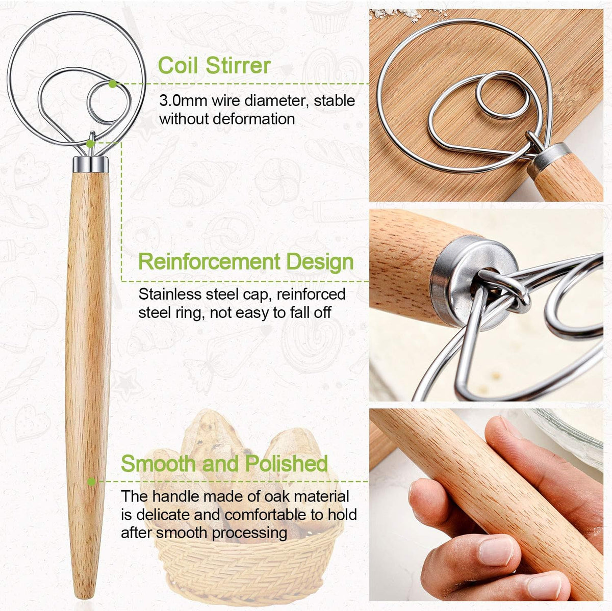 3PCS Stainless Steel Danish Dough Mixing, Kalolary Whisk Mix Tool (3 Sizes)