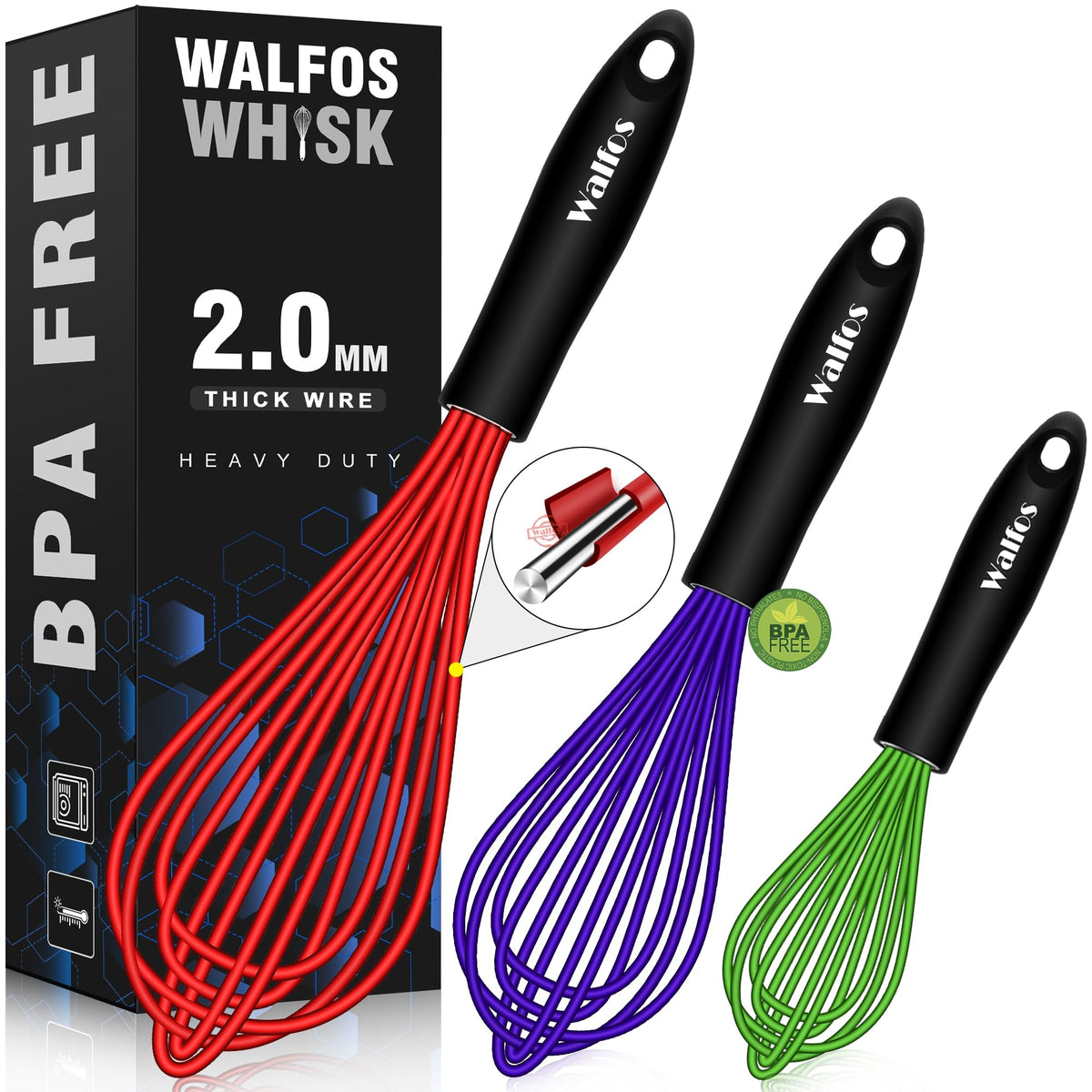 Walfos Mini Whisk,Non-Rust Whisk,304 Stainless steel Small Whisks.Heat Resistant 450℉.6+8Inch Tiny whisks Nice for Whisking, Blending Ingredients, Beating, Mixing Sauces (Silver)