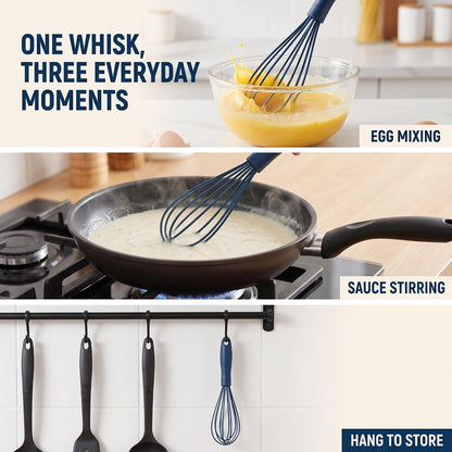 Navy Blue Silicone Whisk, Mini Silicone Whisks Multifunctional Manual Egg Beater Mixer Bake Tool for Blending Whisking Stirring Cooking Home and Kitchen