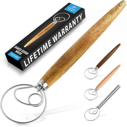 Zulay Kitchen 13-Inch Danish Dough Whisk - Stainless Steel Wooden Whisk with Dough Hook - Sourdough Whisk for Bread, Pizza, Pastry, Cake Batter & More - Wood