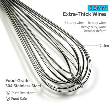 Large Commercial whisk, Heavy Duty 16in Wire Whisk, 304 Stainless Steel 2.5mm Thick Manual Egg Whisk, Durable Kitchen Mixer Mixing Batter, Beating Egg and Blending Sauces.