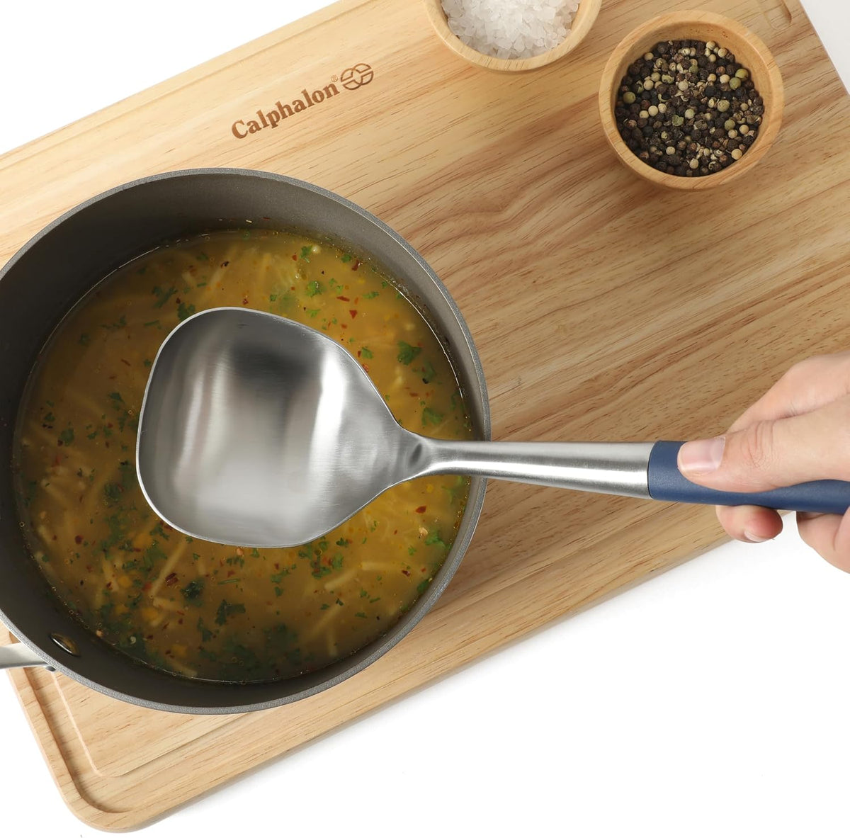 Calphalon Edge Soup Ladle, Stainless Steel Soup Ladle, Serving Ladle with Silicone Handle, Heat-Resistant Nonstick-Safe Kitchen Ladle for Soups, Sauces & Stews, Navy