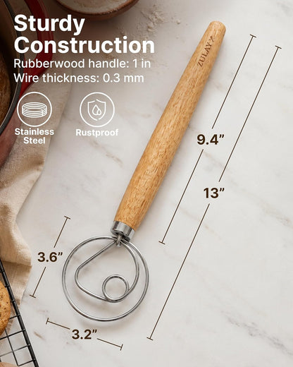 Zulay Kitchen 13-Inch Danish Dough Whisk - Stainless Steel Wooden Whisk with Dough Hook - Sourdough Whisk for Bread, Pizza, Pastry, Cake Batter & More - Wood