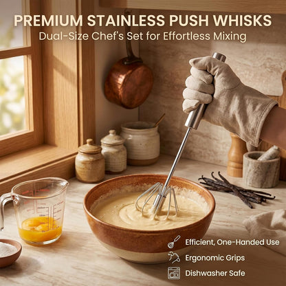 Automatic Eggbeater Manual Push Whisk Stainless Steel,10inch-2 Packs