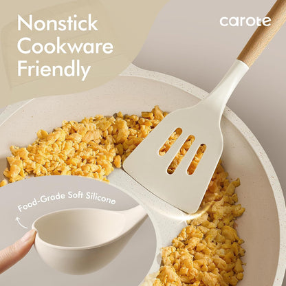 CAROTE 22-Piece Cooking Utensils Set with Wood Cool-Touch Handles, Cream
