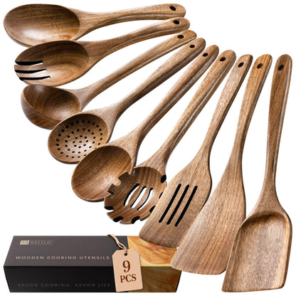 Wooden Spoons for Cooking, 10-Piece Acacia Wood Cooking Utensil Set