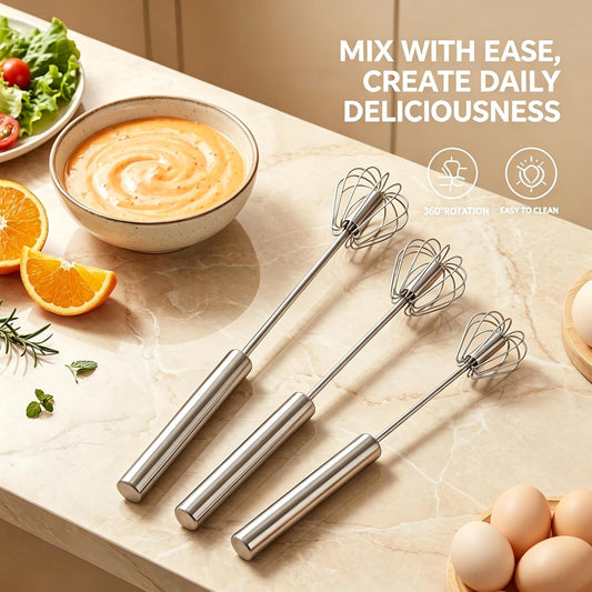 Stainless Steel Semi-Automatic Whisk, New Stainless Steel Egg Whisk Hand Push Spinning Whisk, Versatile Egg Whisk Stirrer Tool for Making Cream, Beating and Stirring Whisking (1, small)