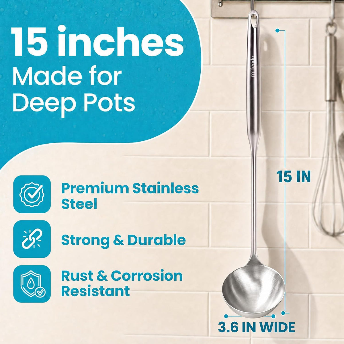Millvado Soup Ladle Stainless Steel, Serving & Cooking - 15 In. Utensil