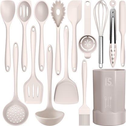 AOTHOD Silicone Cooking Utensils Set - 446°F Heat Resistant Kitchen Utensils,Turner Tongs,Spatula,Spoon,Brush,Whisk,Kitchen Utensil Gadgets Tools Set for Nonstick Cookware,Dishwasher Safe (BPA Free)