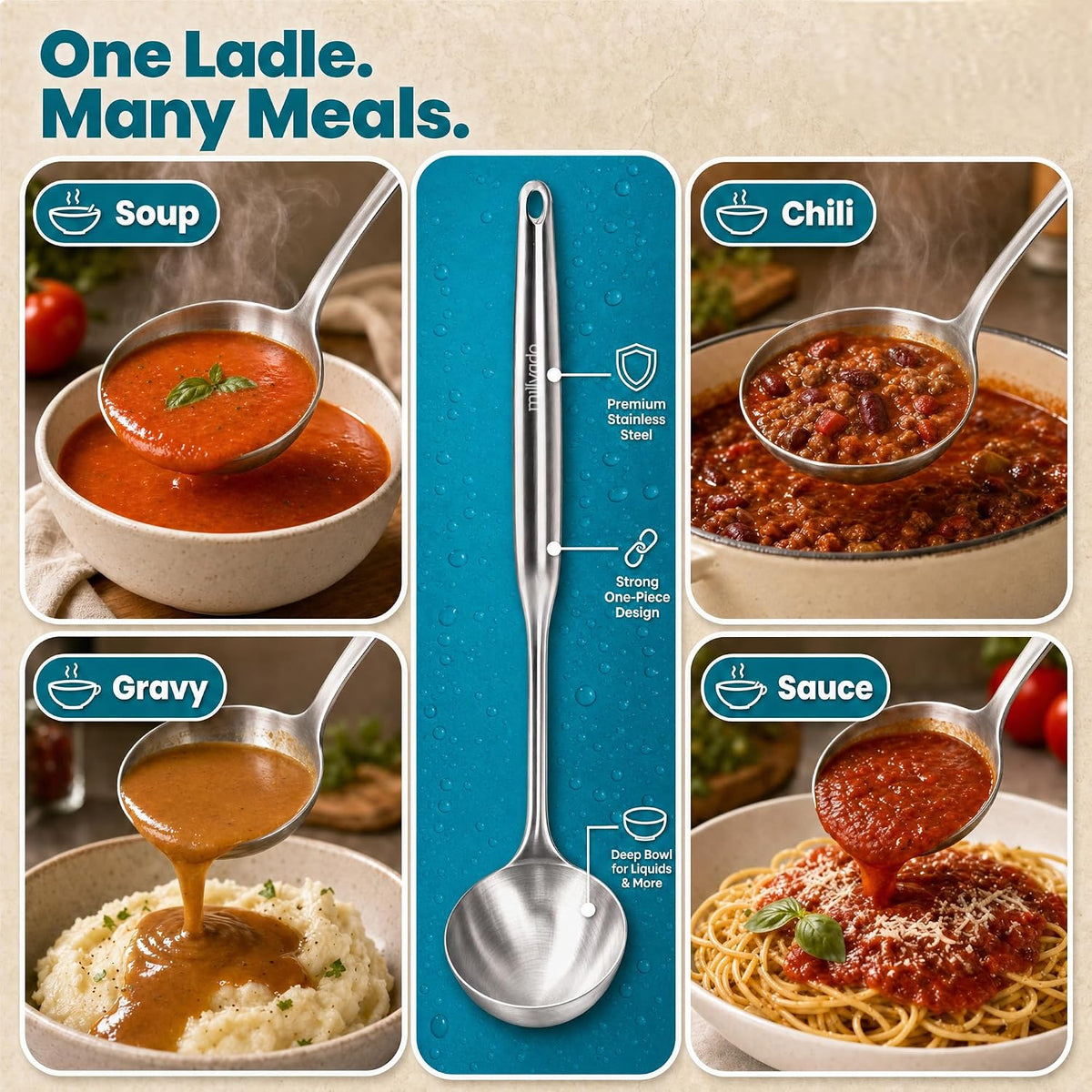 Millvado Soup Ladle Stainless Steel, Serving & Cooking - 15 In. Utensil