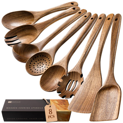 Wooden Spoons for Cooking, 10-Piece Acacia Wood Cooking Utensil Set