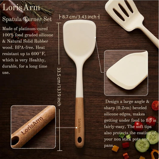 LorisArm Large 2 PCS Silicone Spatula Turner Set Wooden Handle, Heat Resistant Solid & Slotted Turner Flipper, Cooking Utensils Flipping Eggs, Pancakes, Fish, Burgers.