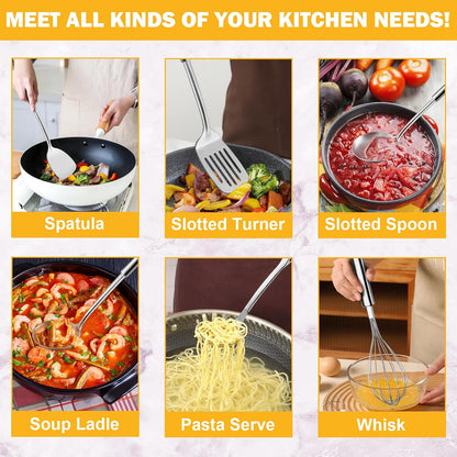 6-Piece Kitchen Cooking Utensils Set, Stainless Steel Kitchen Utensils with Suspendable Handle, Spatula, Slotted Turner, Soup Ladle, Slotted Spoon, Whisk, Pasta Server, Dishwasher Safe