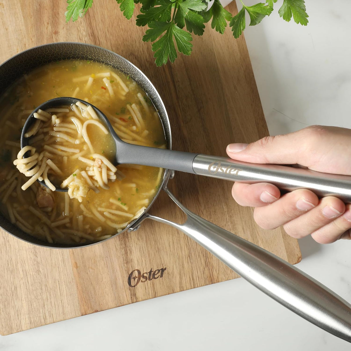 Oster Chadswyck 13” Cooking Ladle, Heat Resistant Silicone Head, Stainless Steel Handle, Safe for Nonstick Cookware, Dishwasher Safe
