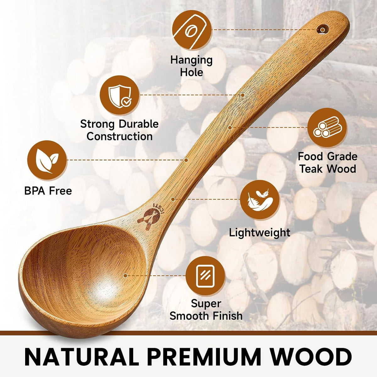 Wooden Ladle for Soup, Natural Teak Wood Soup Ladle, Kitchen Soup Spoons