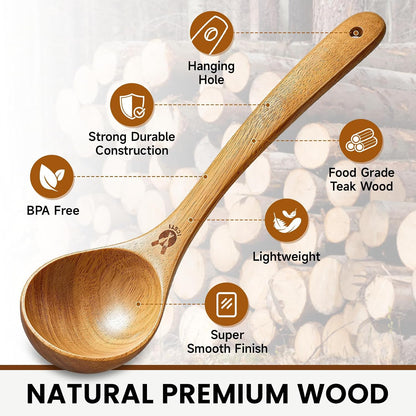 Wooden Ladle for Soup, Natural Teak Wood Soup Ladle, Kitchen Soup Spoons