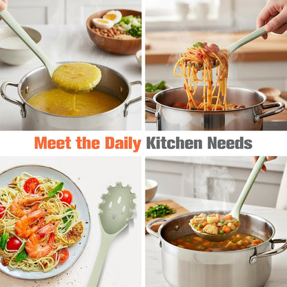 Silicone Spaghetti Spoon & Soup Ladle Cooking Utensils Set of 2 (Green)