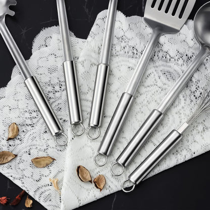 6-Piece Kitchen Cooking Utensils Set, Stainless Steel Kitchen Utensils with Suspendable Handle, Spatula, Slotted Turner, Soup Ladle, Slotted Spoon, Whisk, Pasta Server, Dishwasher Safe