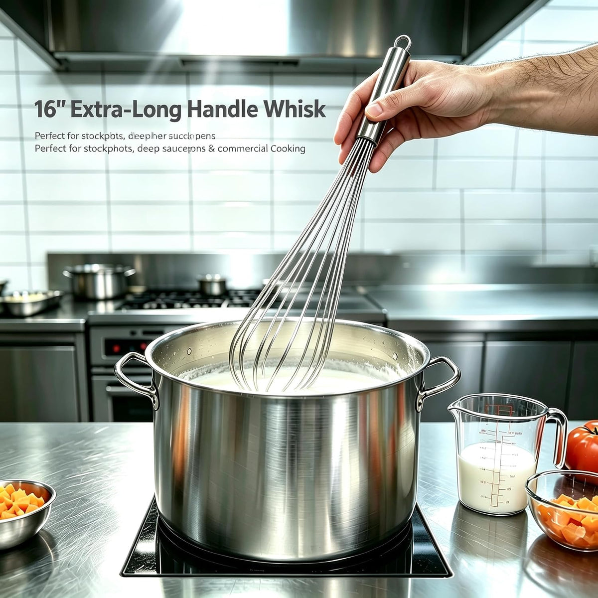 Large Commercial whisk, Heavy Duty 16in Wire Whisk, 304 Stainless Steel 2.5mm Thick Manual Egg Whisk, Durable Kitchen Mixer Mixing Batter, Beating Egg and Blending Sauces.