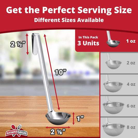 Super Sturdy, Ergonomic 1 Oz. Soup Ladle 3 Pk. Stainless Steel Ladles with Long Handles. Best Kitchen Accessories for Stirring, Portioning and Serving Soups, Chili and Stew in Restaurants and at Home