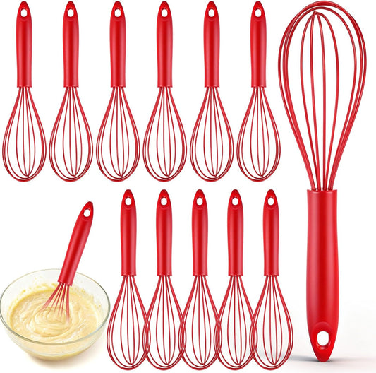 Domensi 12 Pcs Red Silicone Whisk 10 Inch Non Scratch Balloon Wire