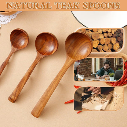 3Pcs Wooden Ladle for Soup, 3Size Natural Teak Wooden Spoons for Cooking, Non-Stick Wood Spoon, Wood Cooking Spoons, Wooden Soup Spoons, Kitchen Utensils Spoons Sets