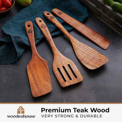Wooden Spatula for Cooking, Teak Wood Set of 4 for Non Stick Frying Pan